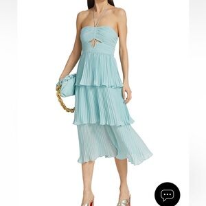 Self-Portrait Pleated Chiffon Midi Dress, Light Blue, Tiered, Size 8